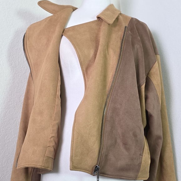 Promesa Faux Suede Colorblock Moto Jacket Women’s Lg Brown Tan Asymmetrical Zip - Picture 3 of 14